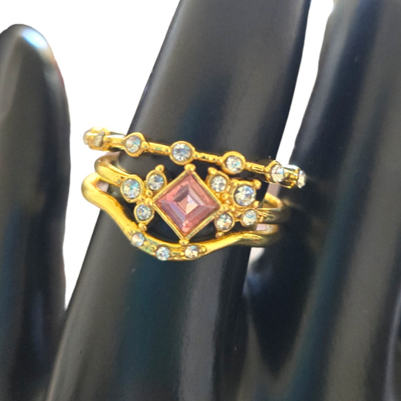 Golden Yellow Pink Cubic Zirconia Inlaid 3 Piece Stacking Fashion Rings Size 9 - Picture 1 of 10